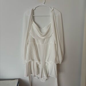 brand new! saints & secrets white ruffle sheer flowy long sleeve tie back romper